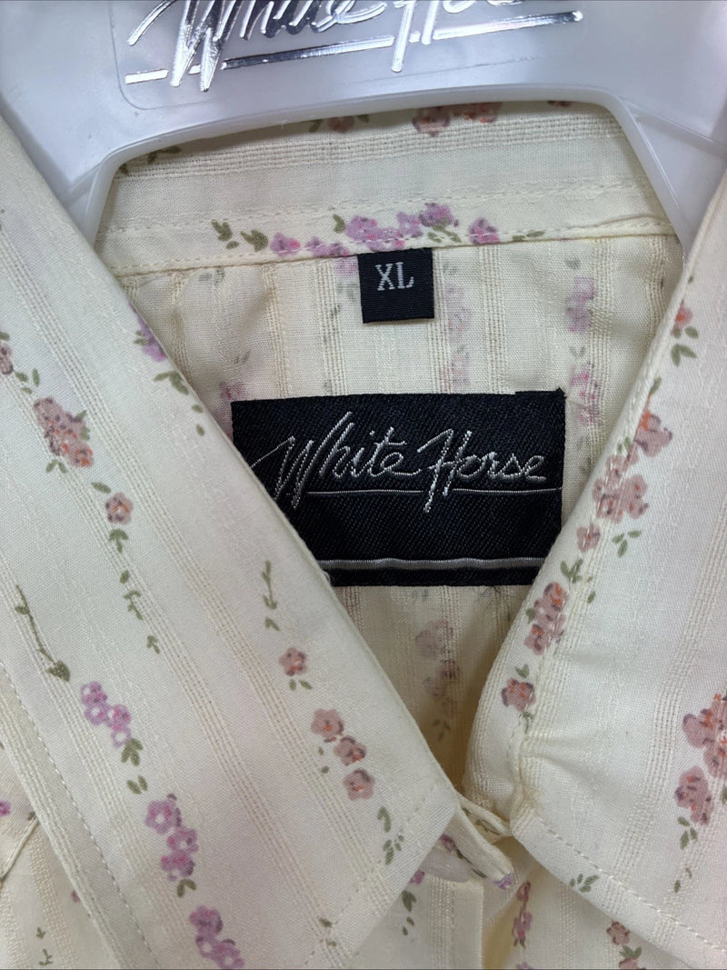 New Women’s White Horse Yellow Floral Short Sleeve Pearl Snap XL II-94
