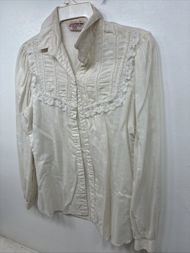 New Women’s Stage West White Pearl Long Sleeve Button Up Size Medium YY-75