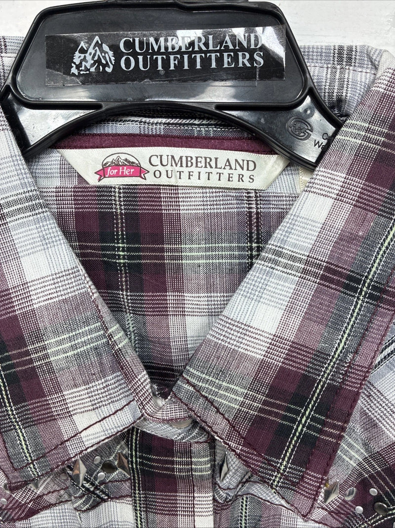 New Women’s Cumberland Purple Plaid Long Sleeve Pearl Snap 1XL GG-23