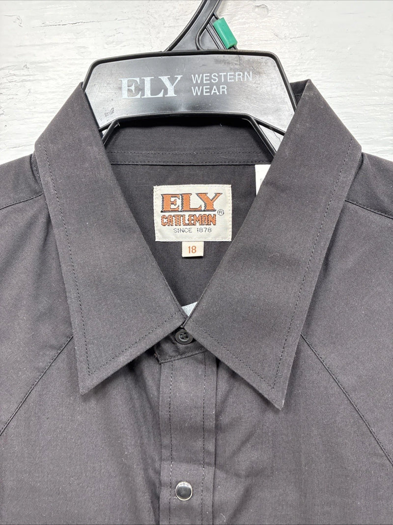 New Men’s ELY Cattleman Simple Black Short Sleeve Pearl Snap 18 2XL K-68