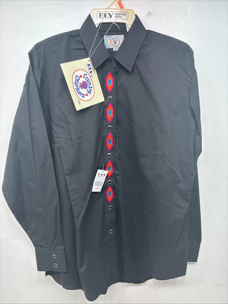 New Women’s Country Charmers Black Design Long Sleeve Pearl Snap Medium KK-29 