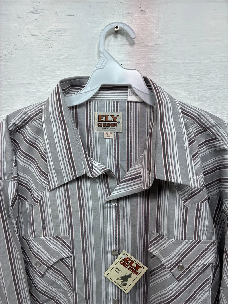 New Men’s ELY Cattleman Gray Stripe Long Sleeve Pearl Snap 18.5 X 35 2XL F-75