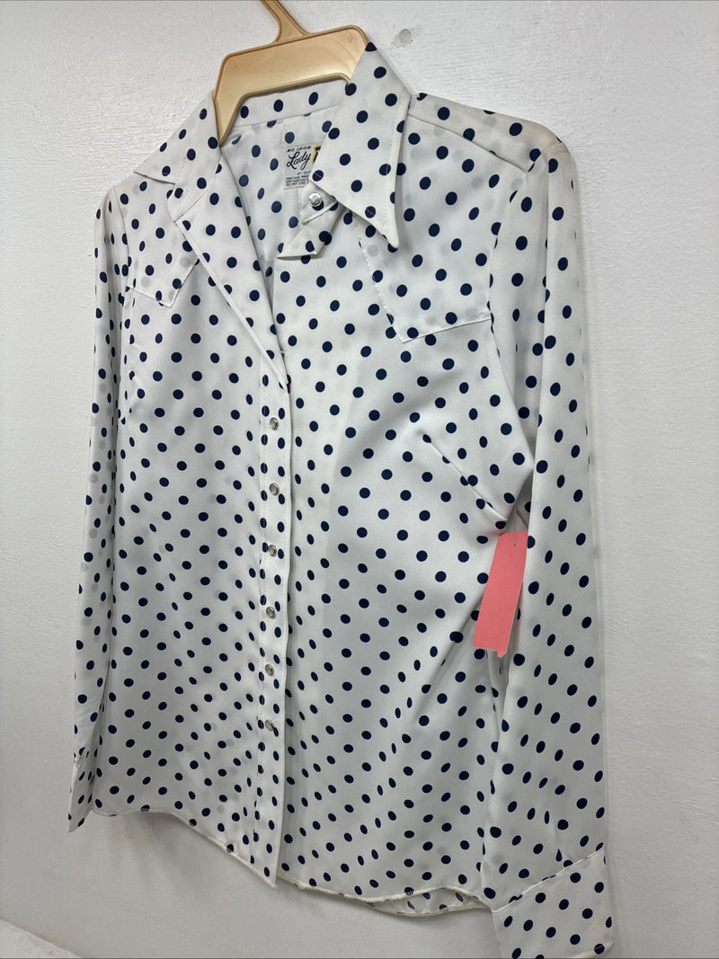 New Women’s Dickson Jenkins White Polkadot Long Sleeve Pearl Snap Size 32 KK-59