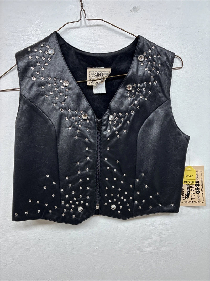 New Women’s 1848 RanchWear Black Rhinestone Sleeveless Vest Zip Up Medium YY-39