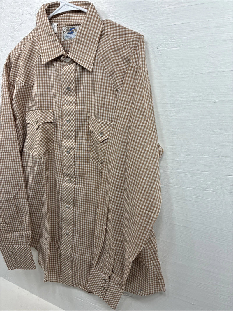 New Men’s Circle S Brown White Checkered Long Sleeve Pearl Snap XL R-14