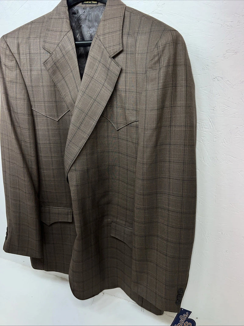 New Circle S Brown Plaid Suit Jacket 52L #25832 Y-600