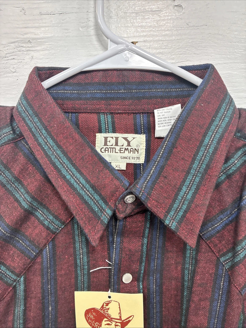 New Men’s ELY Cattleman Red Multicolor Stripe Long Sleeve Pearl Snap XL T-45