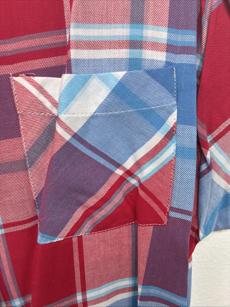 New Women’s Cumberland Red Blue Plaid Short Sleeve Button Up Medium GG-4