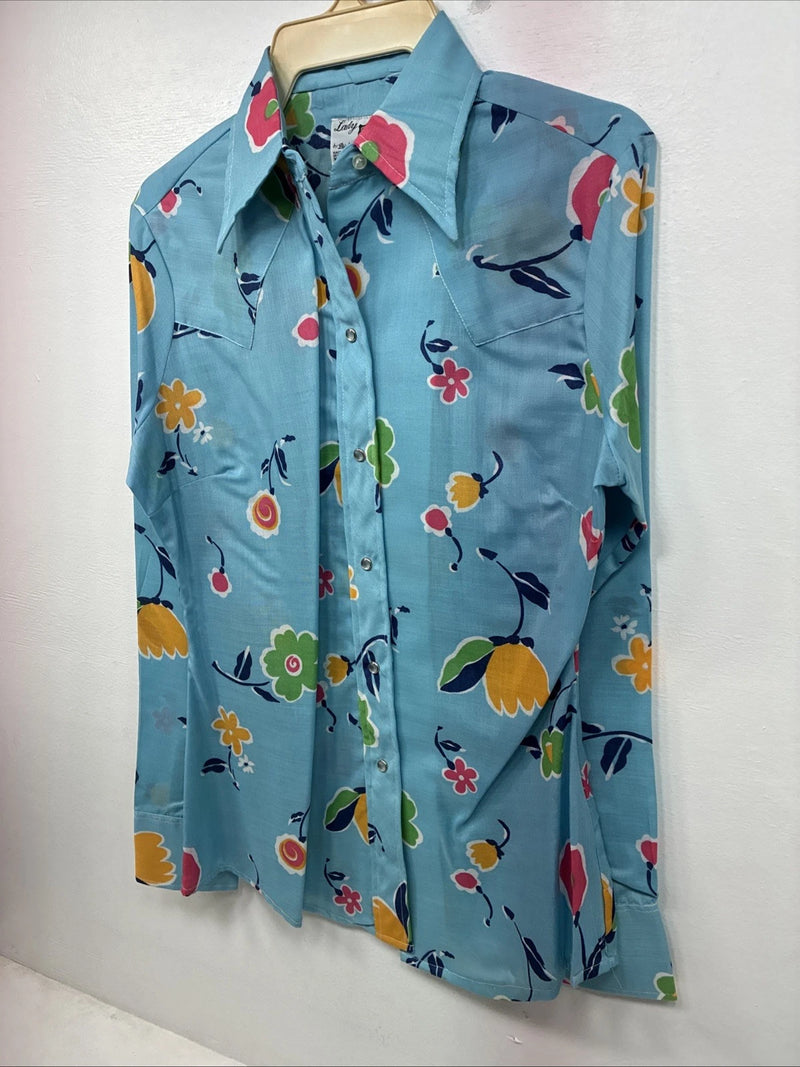 New Women’s Dickson Jenkins Blue Floral Long Sleeve Pearl Snap Size 36 KK-119