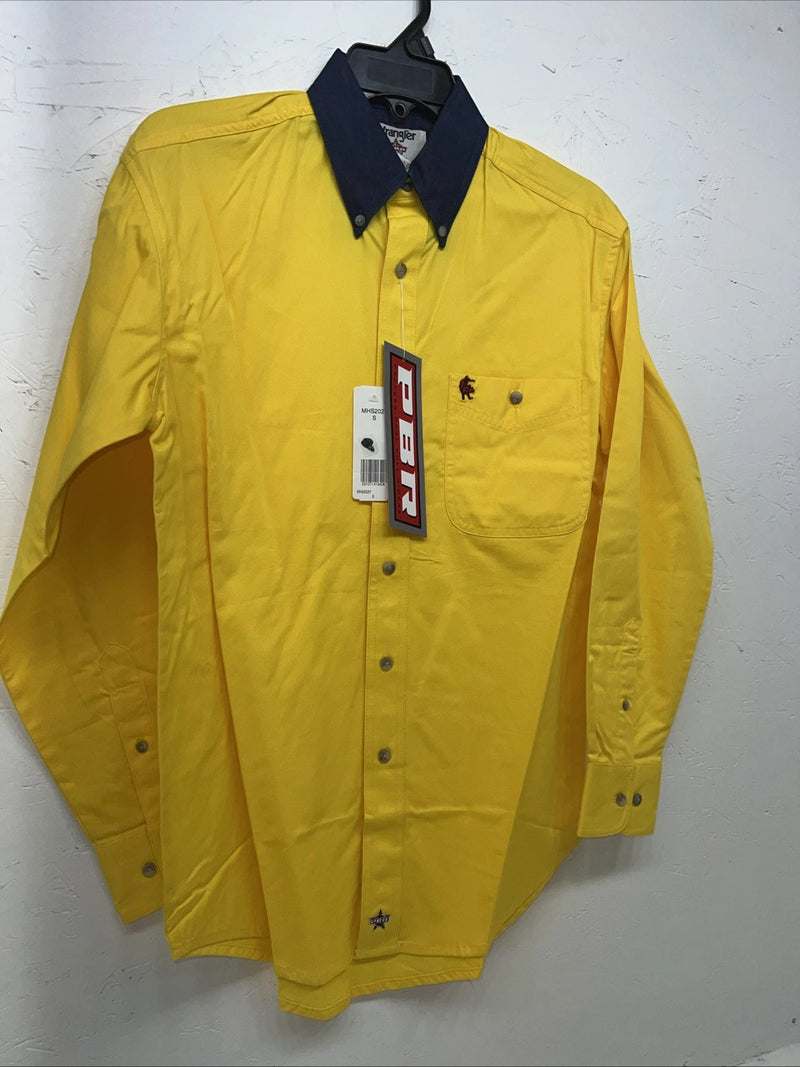 New Men’s Wrangler PBR Denim Collar Yellow Long Sleeve Button Up Small A-202