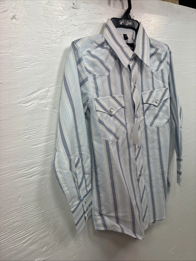 New Kids White Horse Blue Stripe Long Sleeve Pearl Snap Medium DD-35
