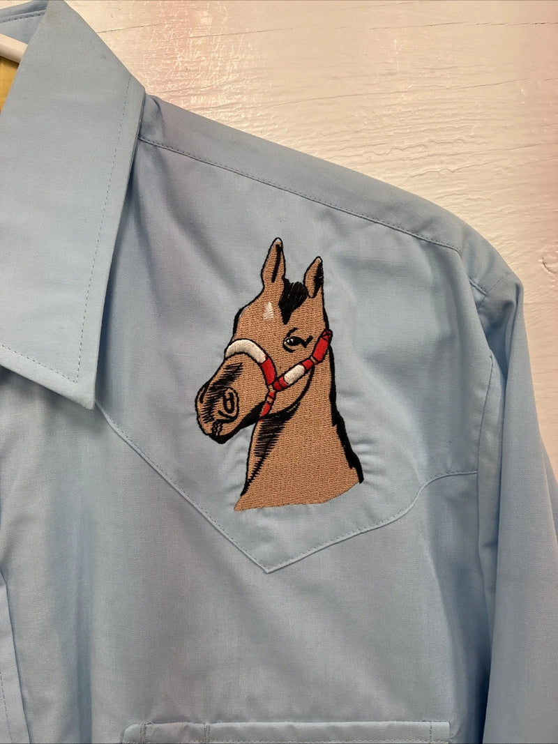 New Men’s ELY Wildlife Blue Horse Embroidered Long Sleeve Pearl Snap Medium K-57