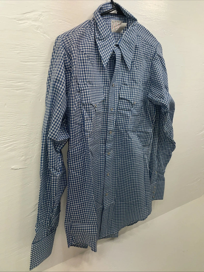 New men’s RockMount Ranch Blue Long Sleeve Pearl Snap 15 X 35 Medium B-81