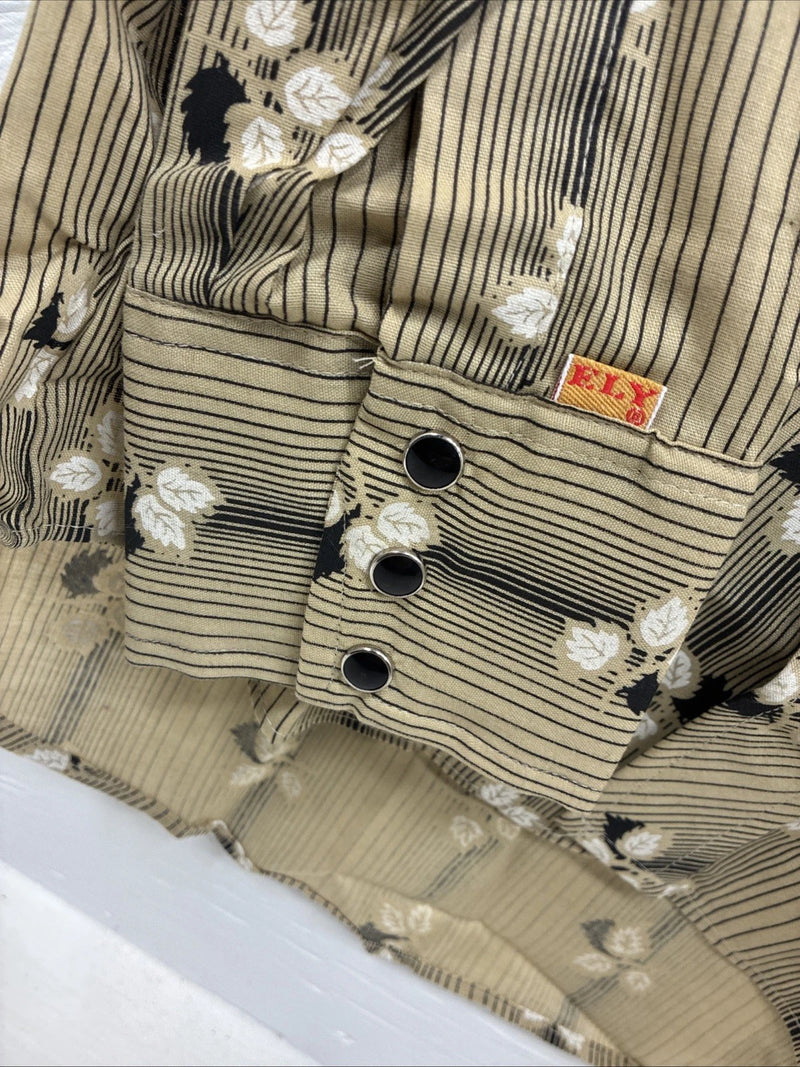 New Men’s ELY Plains Tan Black Floral Long Sleeve Pearl Snap 16 X 36 Large X-64