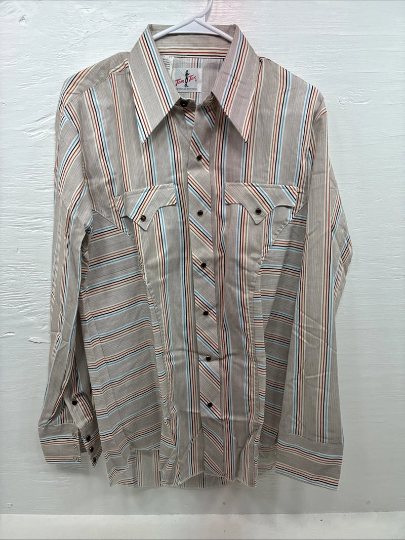 New Men’s Tem Tex Brown Stripe Long Sleeve Pearl Snap 16 Large X-46