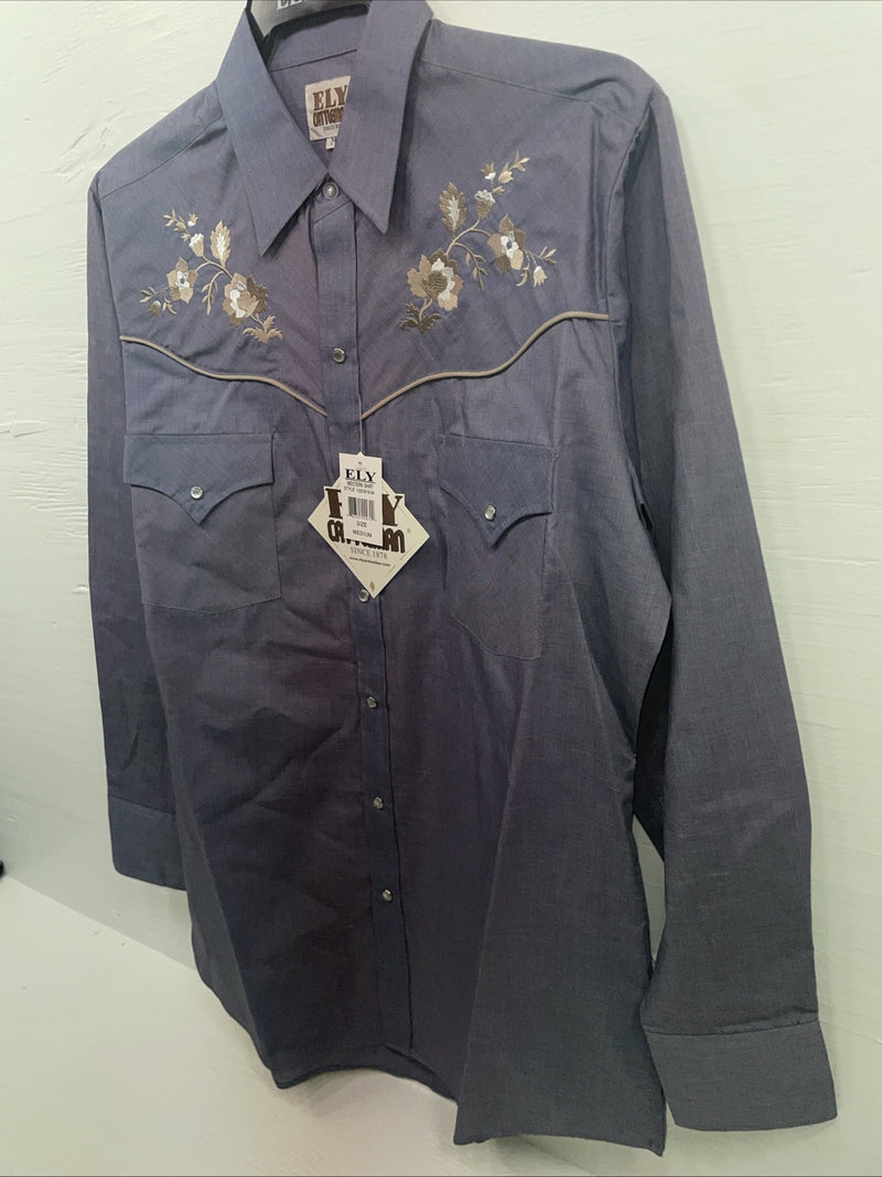 New Men’s ELY Cattleman Blue Long Sleeve Pearl Snap Medium B-123