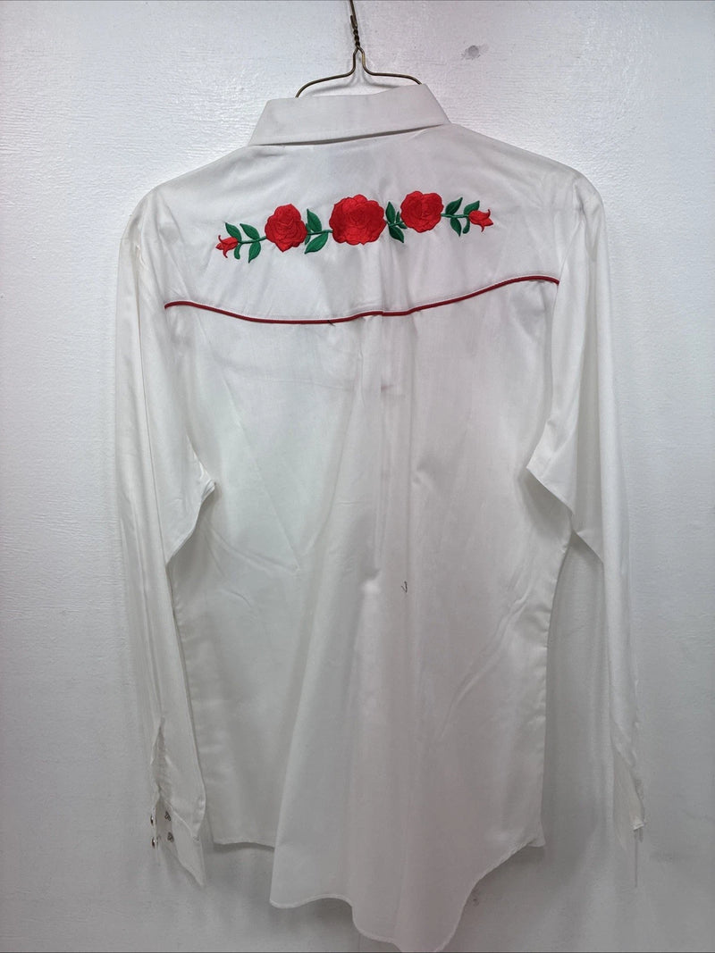New Women’s Country Charmers White Rose Long  Sleeve Pearl Snap Large KK-118