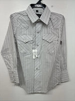 New Boys White Horse Gray Stripe Long Sleeve Pearl Snap Medium DD-118