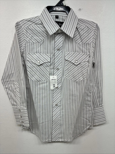 New Boys White Horse Gray Stripe Long Sleeve Pearl Snap Medium DD-118