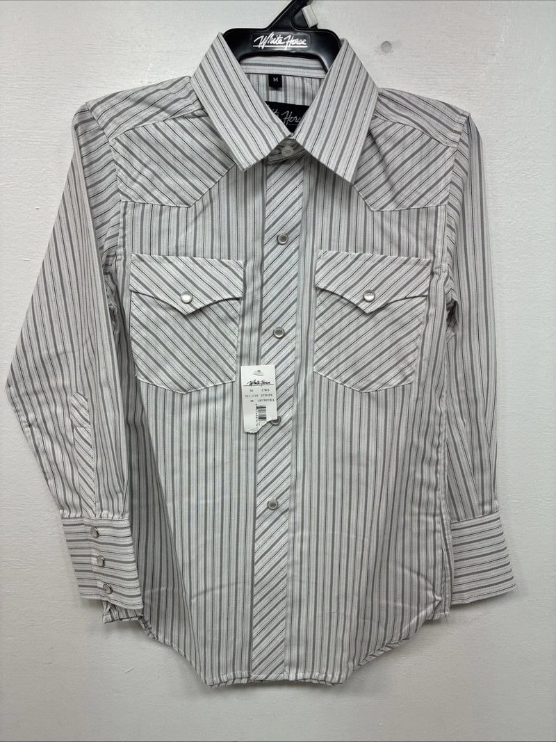 New Boys White Horse Gray Stripe Long Sleeve Pearl Snap Medium DD-118