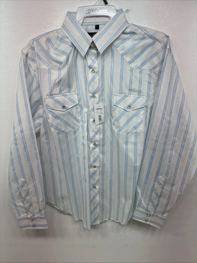 New Women’s White Horse White Blue Stripe Long Sleeve Pearl Snap Large YY-125