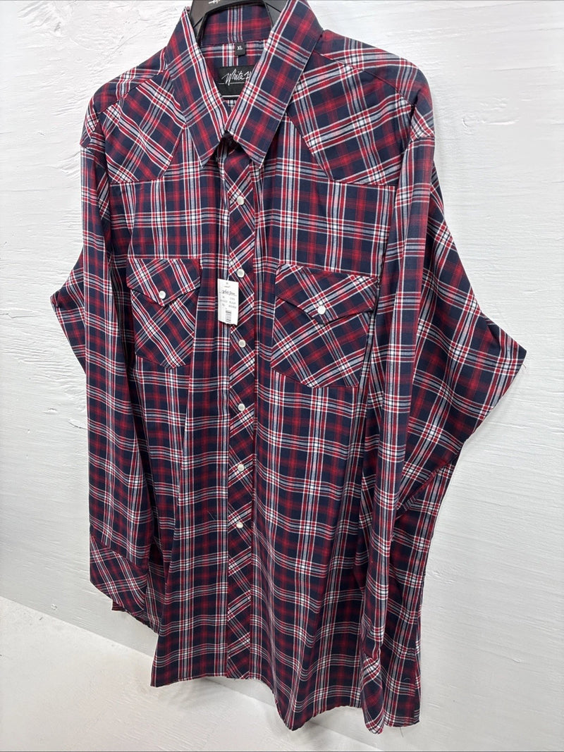 New Men’s White Horse Red Navy Blue Plaid Long Sleeve Pearl Snap XL H-78
