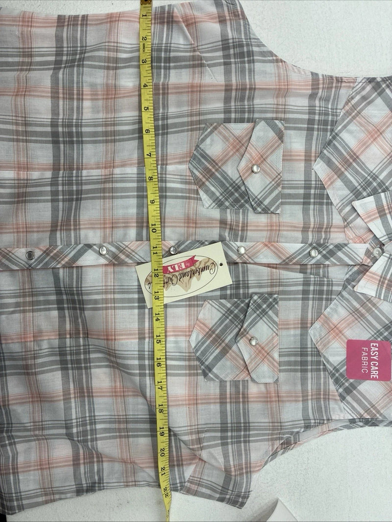 New Women’s Cumberland Pink Gray Plaid Short Sleeve Pearl Snap Large GG-77