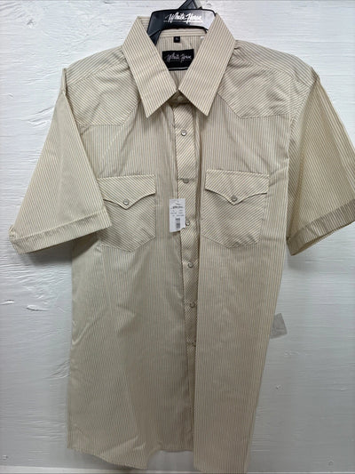 New Men’s White Horse Tan Stripe Short Sleeve Pearl Snap XL R-43