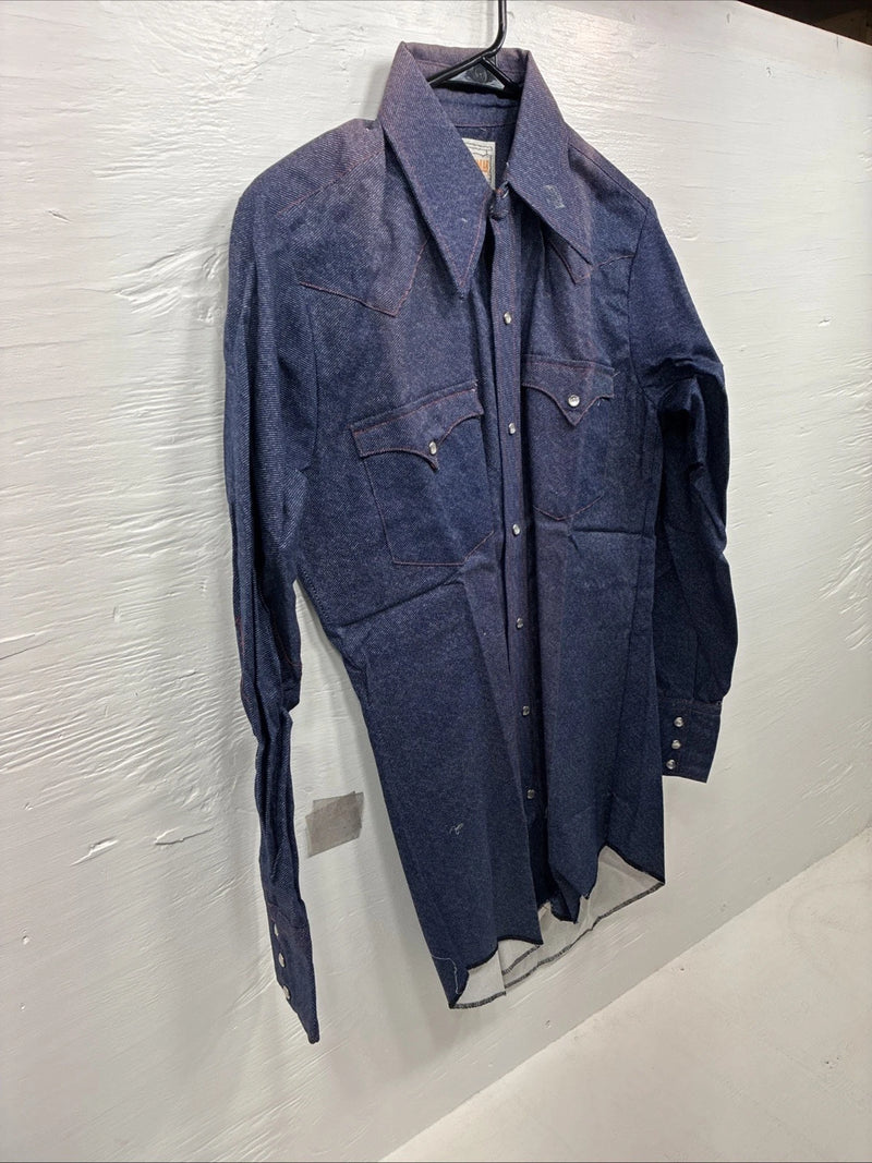 New Men’s Karman Blue Jean Long Sleeve Pearl Snap 14.5 Small AA-2