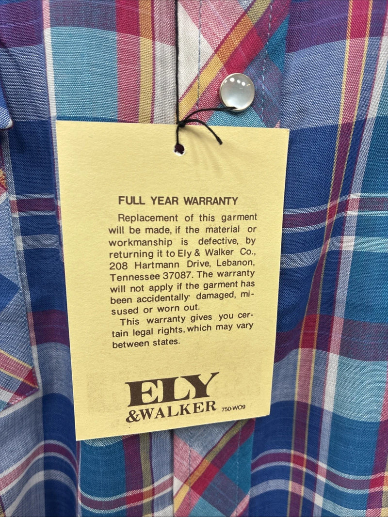 New Men’s ELY Cattleman Purple Multicolor Plaid Short Sleeve Pearl Snap XL R-54