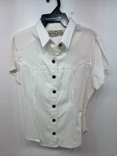 New Women’s Denim Jeans White Short Sleeve Button Up Large MM-139