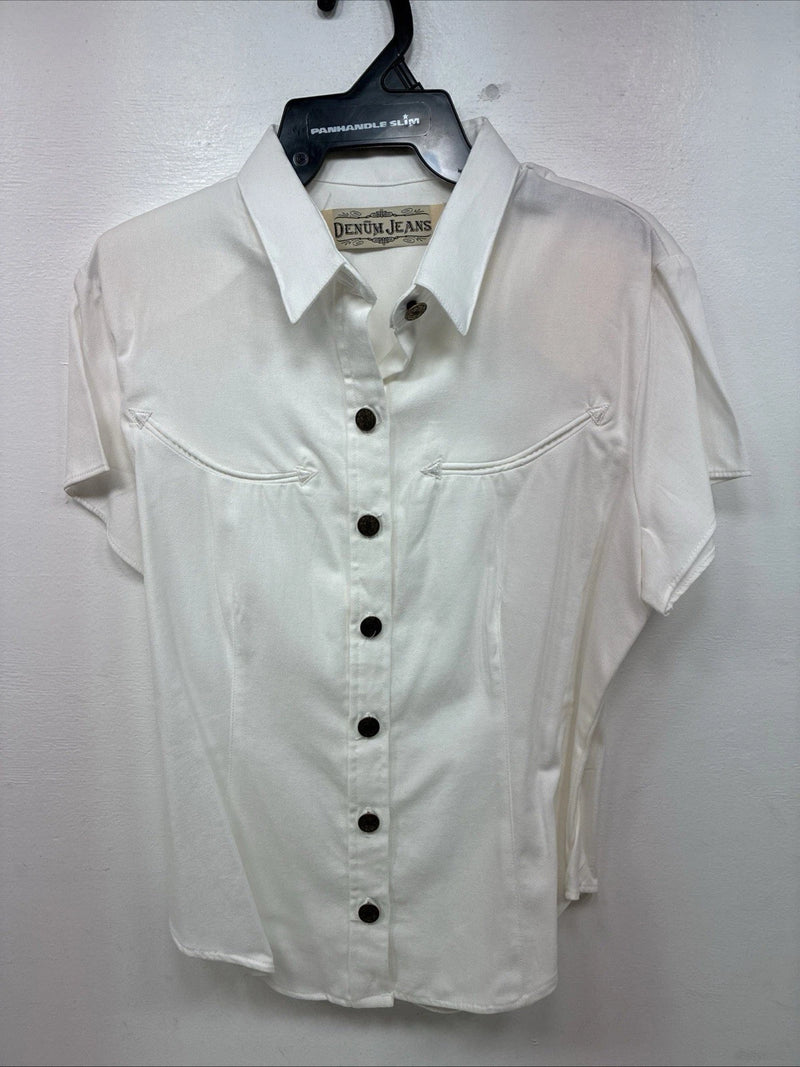 New Women’s Denim Jeans White Short Sleeve Button Up Large MM-139