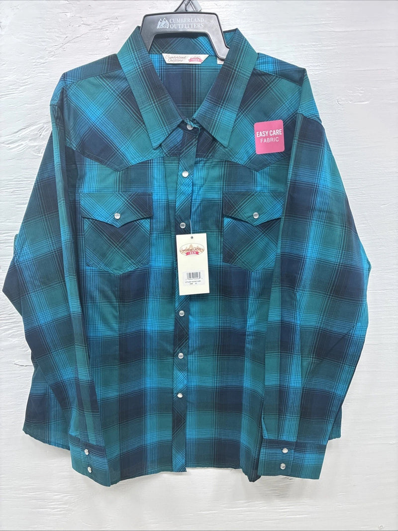 New Girls Cumberland Blue Plaid Long Sleeve Pearl Snap Size 2XL CC-120