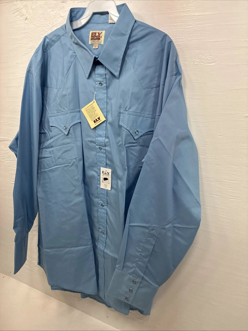 New Men’s ELY Cattleman Blue Short Sleeve Pearl Snap 18.5 X 35 2XL CC-12