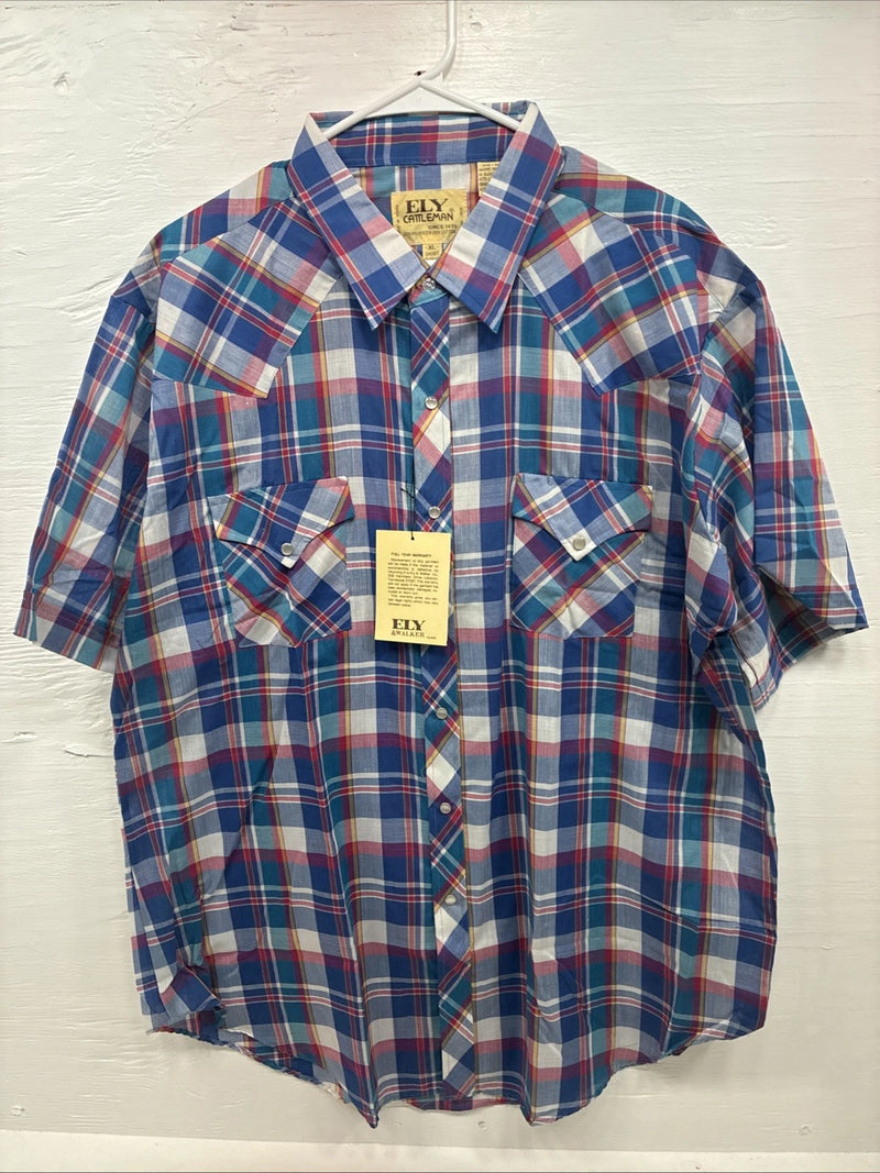 New Men’s ELY Cattleman Multicolor Plaid Short Sleeve Pearl Snap XL Short T-30
