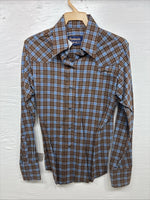 New Kids Panhandle Slim Brown Plaid Long Sleeve Pearl Snap Size 12 CC-88