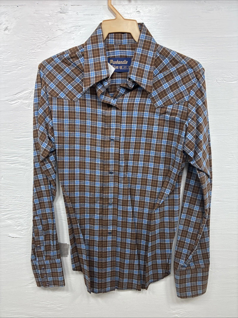 New Kids Panhandle Slim Brown Plaid Long Sleeve Pearl Snap Size 12 CC-88