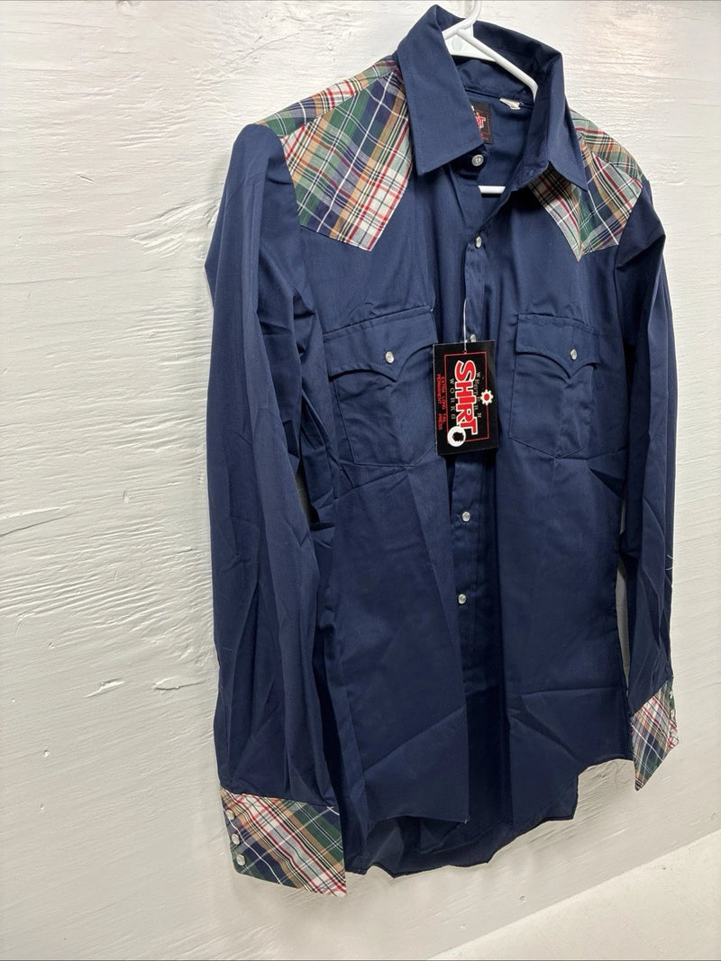 New Men’s Western Shirt Blue Plaid Long Sleeve Pearl Snap 15 X 33 Medium T-93