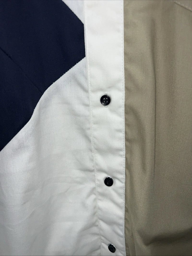 New Men’s Navy White Tan Cowboy Threads Button Up Long Sleeve Shirt Medium I-53