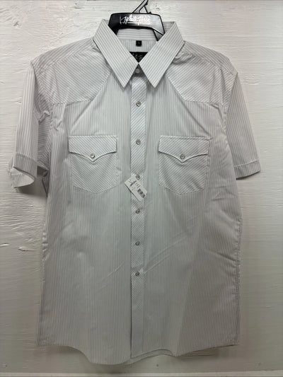 New Men’s White Horse White Stripe Short Sleeve Pearl Snap Large X-41