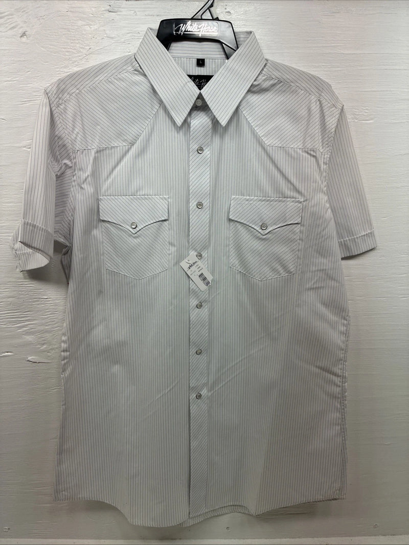 New Men’s White Horse White Stripe Short Sleeve Pearl Snap Large X-41
