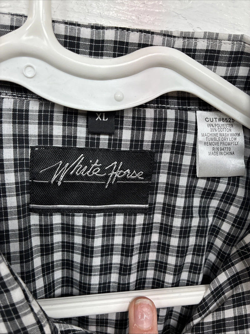 New Men’s White Horse  Black White Plaid Long Sleeve Pearl Snap XL H-80