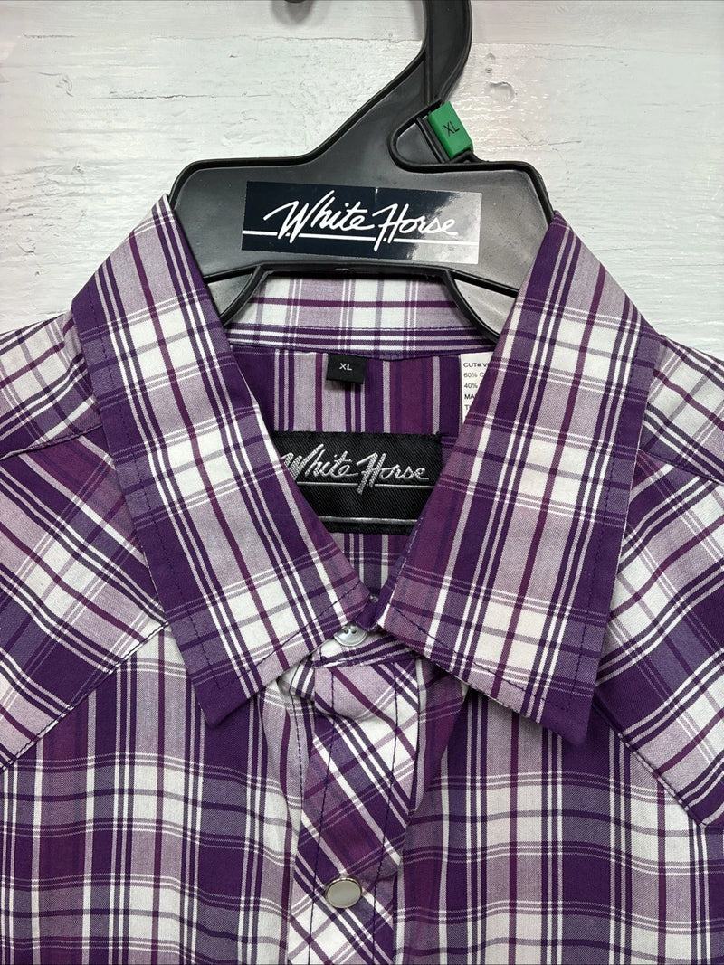 New Men’s White Horse People Plaid Long Sleeve Pearl Snap XL J-37