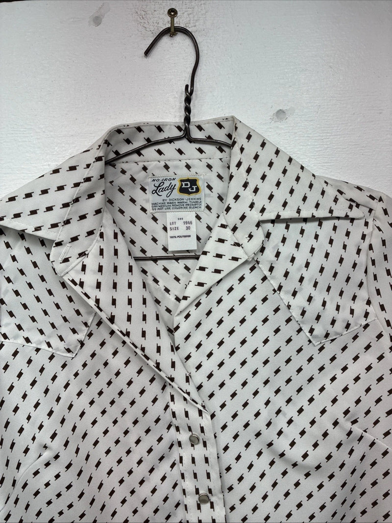 New Women’s Dickson Jenkins White Brown Long Sleeve Pearl Snap Size 30 KK-94