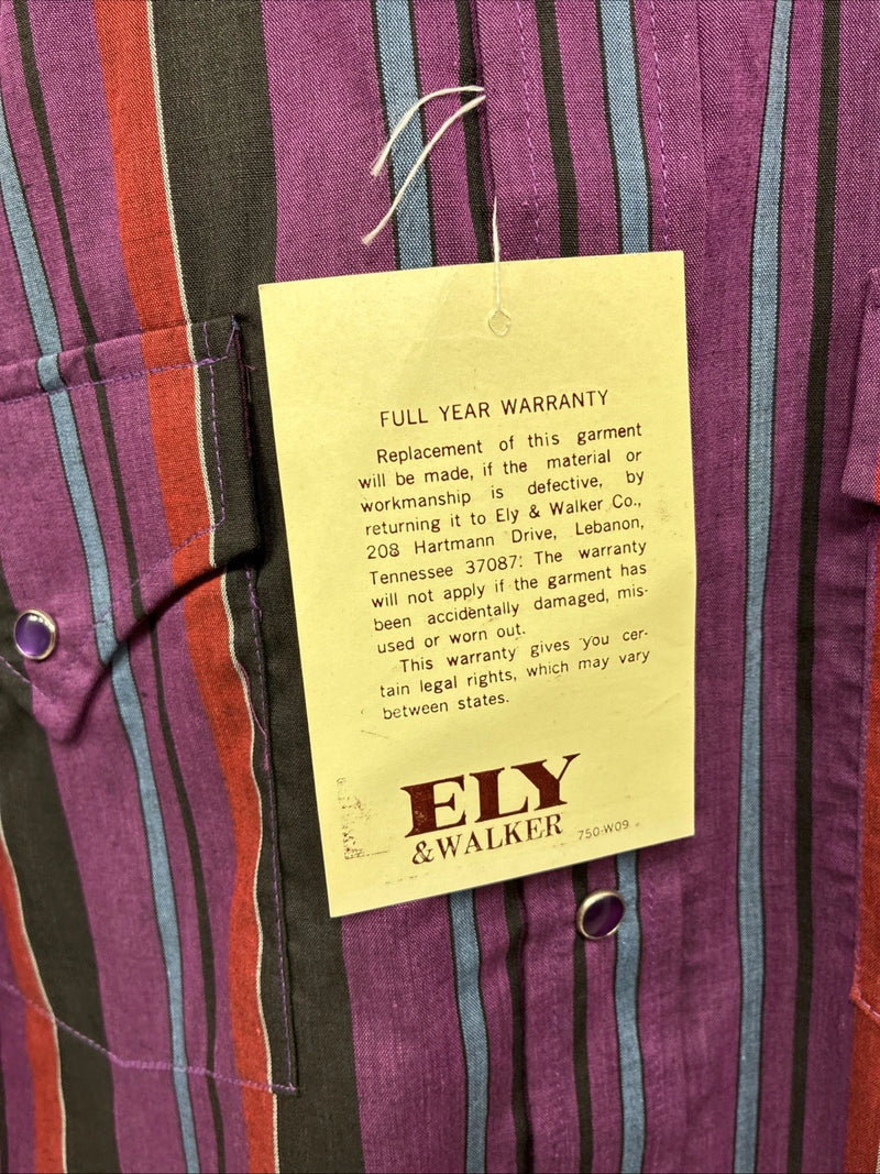 New Men’s ELY Cattleman Purple Stripe Long Sleeve Pearl Snap 15.5 Medium AA-112