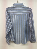 New Women’s White Horse Blue Stripe Long Sleeve Pearl Snap Large YY-124