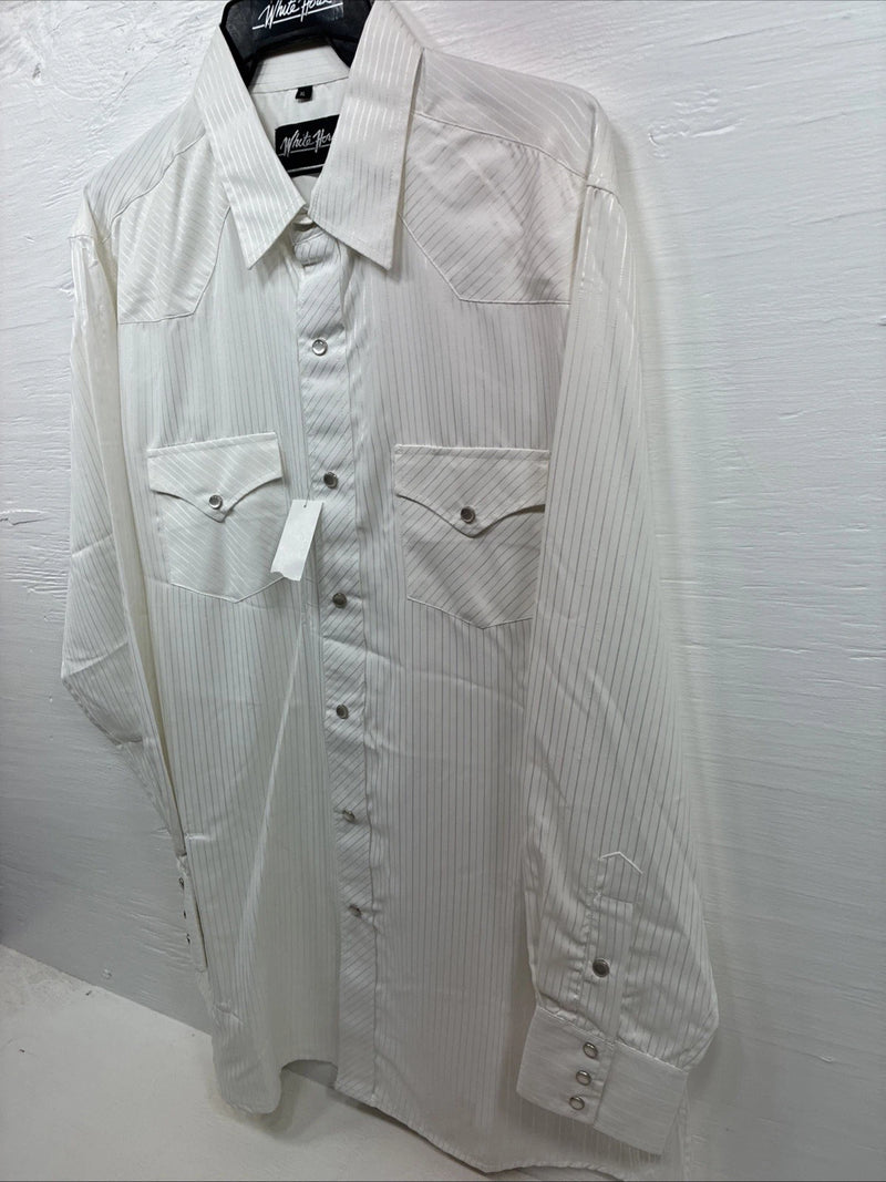 New Men’s White Horse White Stripe Design Long Sleeve Pearl Snap XL O-63