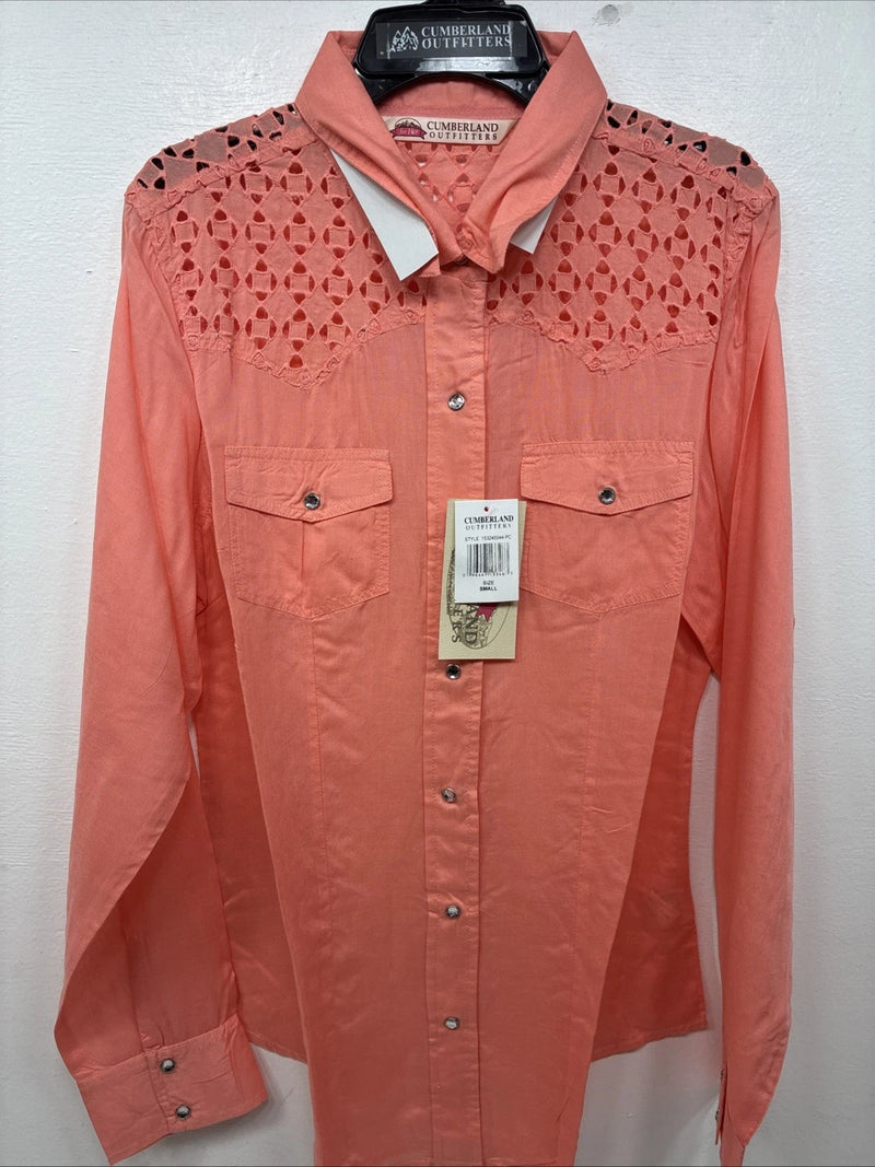 New Women’s Cumberland Pink Design Long Sleeve Pearl Snap Small KK-54