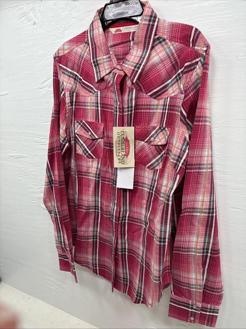 New Women’s Cumberland Pink Plaid Long Sleeve Pearl Snap Medium DD-24