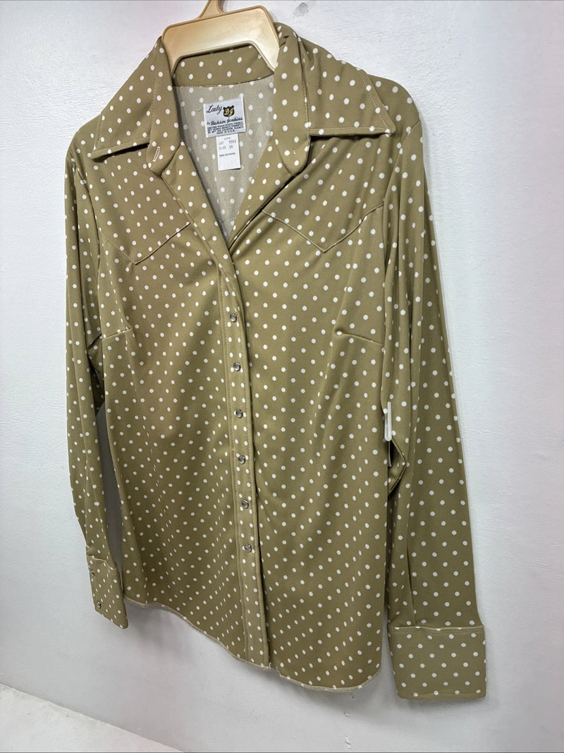 New Women’s Dickson Jenkins Tan Polkadot Long Sleeve Pearl Snap Size 34 KK-62